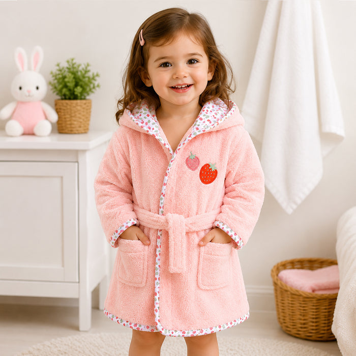 Pink Strawberry Hooded For Kids Bathrobe