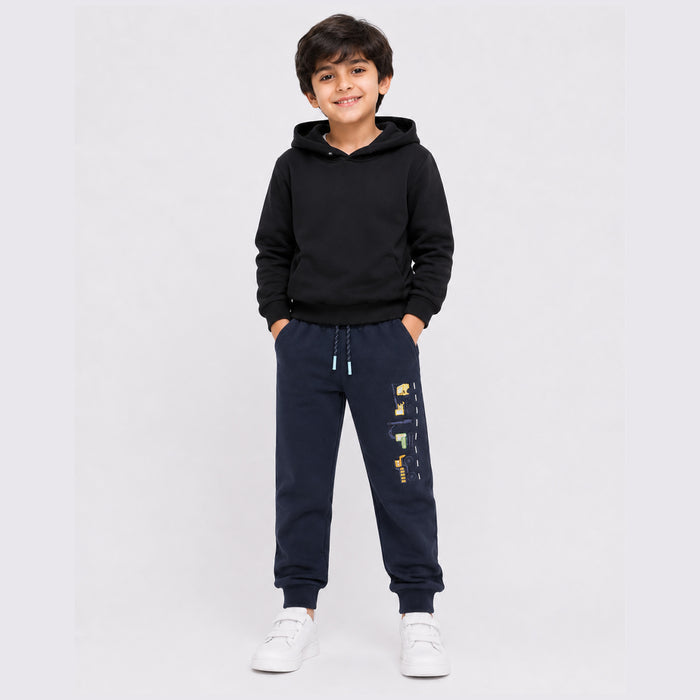 Boy Blue Construction Vehicles Embroidery Inner Fleece Trouser