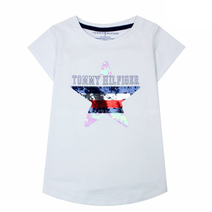 TH Half Sleeve Girls T-Shirt Sequence Star Tommy Hilfiger Print White - TinyTikes.pk