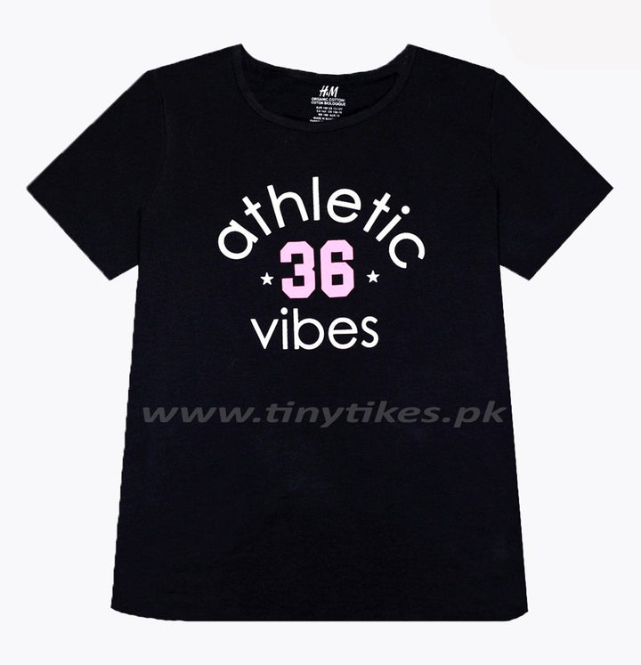 HM Half Sleeves Girl T-Shirt Black Color With Athletic Vibes - TinyTikes.pk