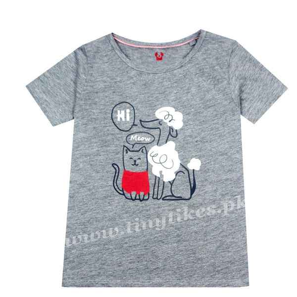 LPU Half Sleeve Girls T-Shirt Hi Meow Smoke Grey - TinyTikes.pk