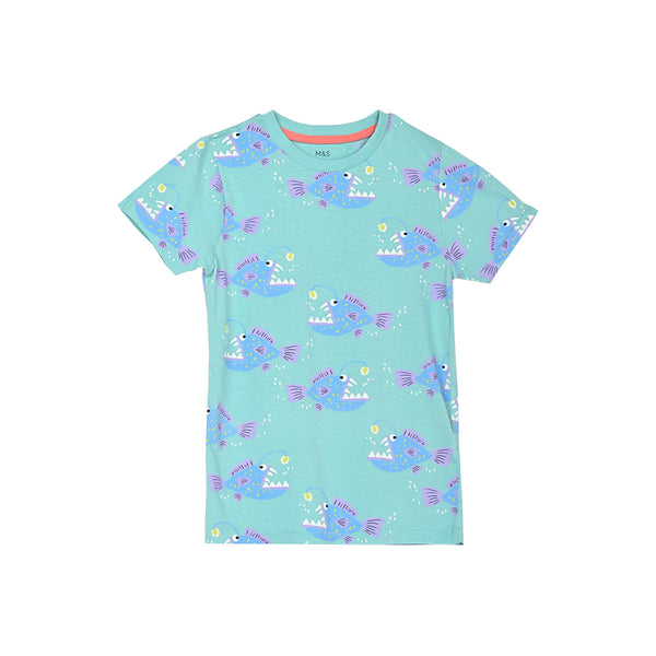 MS Girl Fish Printed Sky Blue T-Shirt