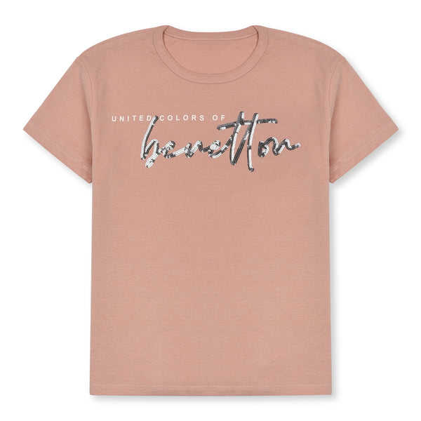 Girls Peach T-Shirt Benetton Embroidery