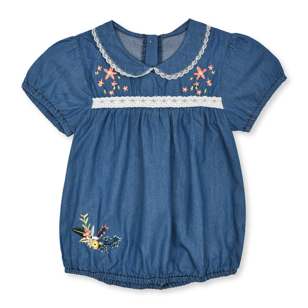 Girls Denim Blue Flower Embroidery Top