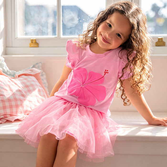 TRB Girl Pink Flower Embossed T-Shirt