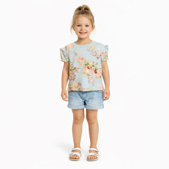 NXT Girl Flowers Printed Sky Blue T-Shirt
