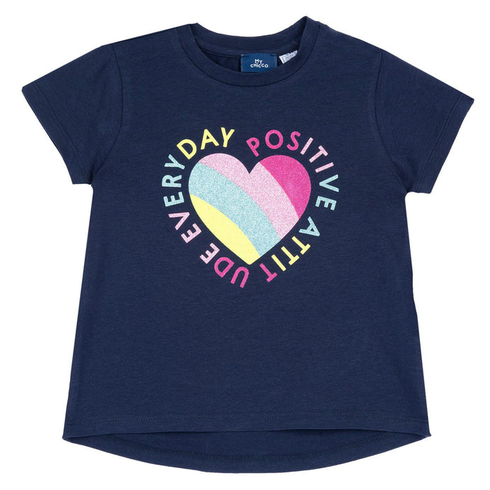 Girl Glitterati Heart Printed Navy Blue T-Shirt