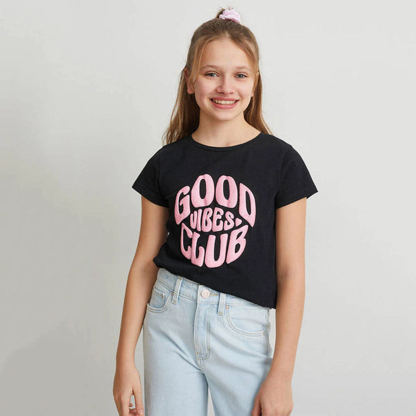 CA Girls Black Cool Vibes Club Glitterish Print T-Shirt