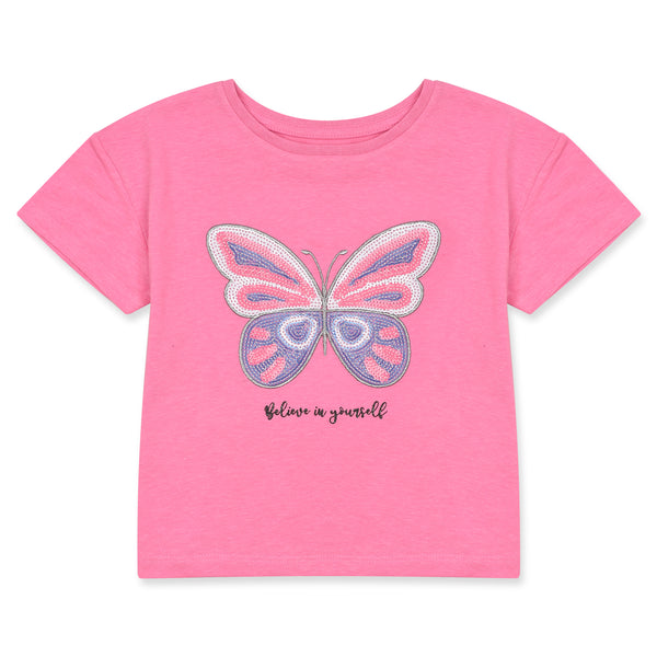 Girl Light Pink Butterfly Sequence T-Shirt