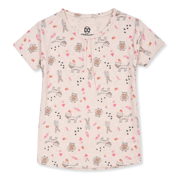 KC7 Girl Owl Printed Cream Color T-Shirt