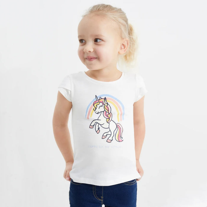 CA Girl White Glitterish Unicorn Printed T-Shirt