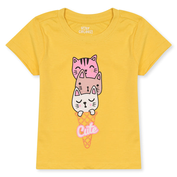 Girl Yellow Cute Cat Face Printed T-Shirt