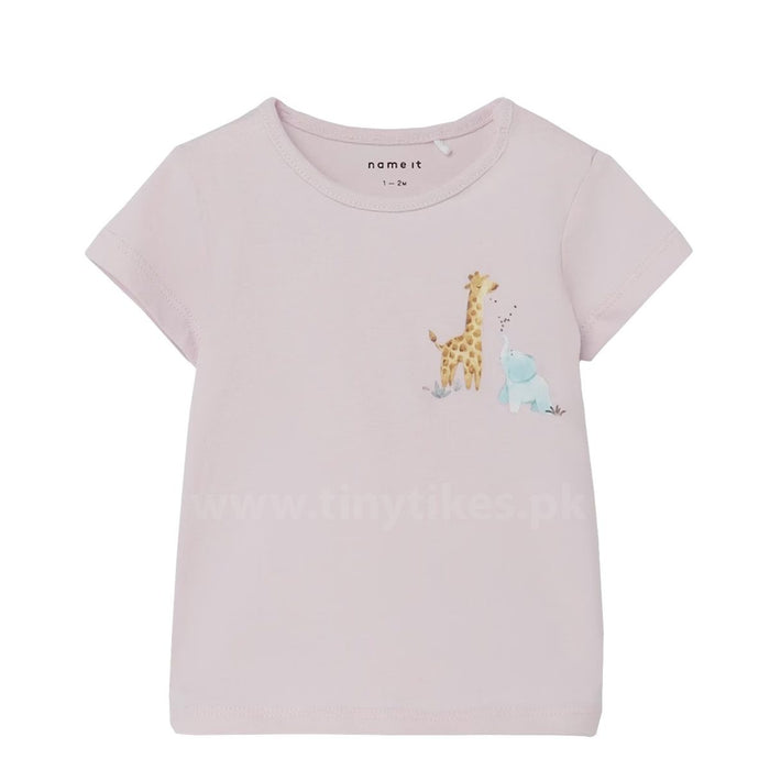 N IT Short Sleeves Organic Cotton Jersey Light Pink With Giraffe & Elephant Print - TinyTikes.pk