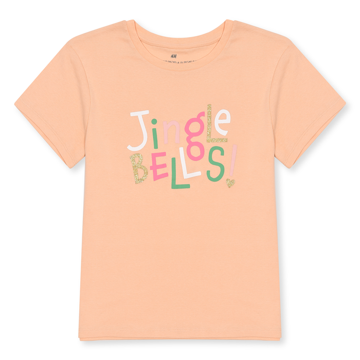 HM Girl Peach  Jingle Bellsi Printed T-Shirt