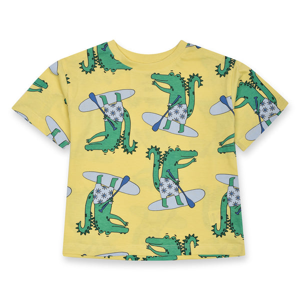 FF Yellow T-shirt Crocodile Print Down Shoulder