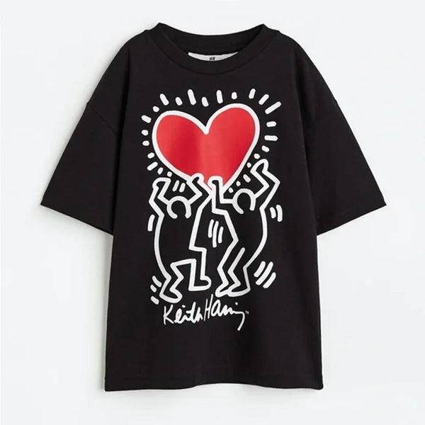HM Black T-shirt Red Heart Print