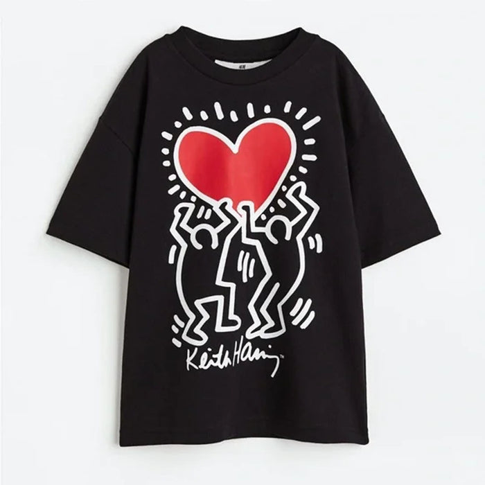HM Black T-shirt With Red Heart Print