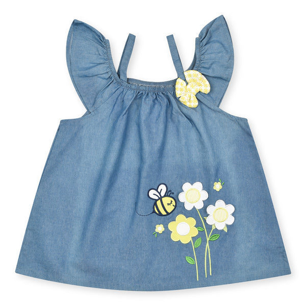 Girl Cotton Blue Top Flower And Bee Embroidered With Bow