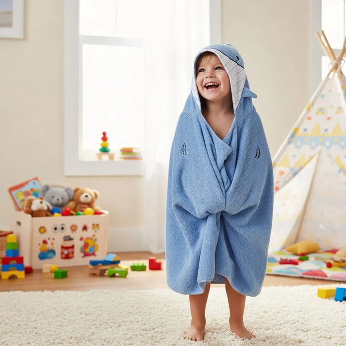 Kids Blue Fish Hooded Towel