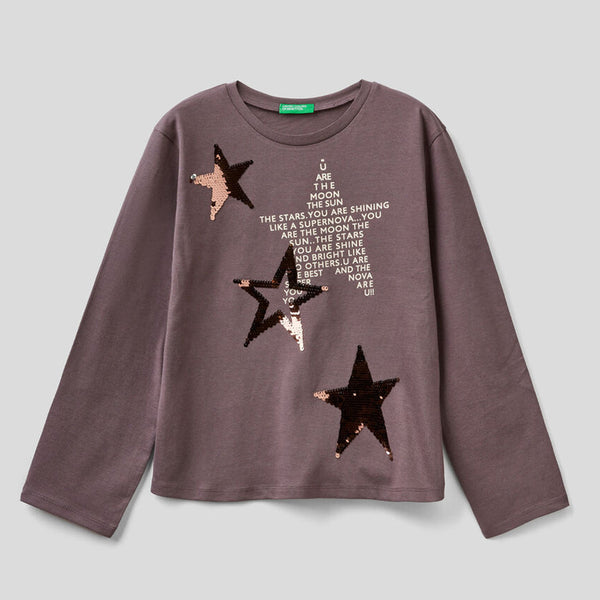 UCOB Girl Grey Star Sequin Long Sleeves Top