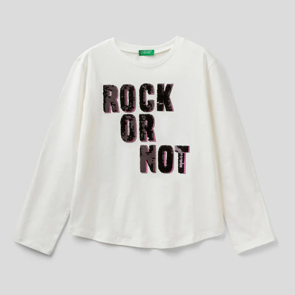 UCOB Girl White Sequin Rock Or Not Long Sleeves T-Shirt