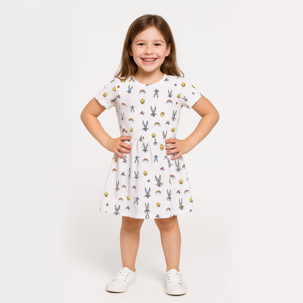 KC Girl White Looney Tunes Character Printed Frock