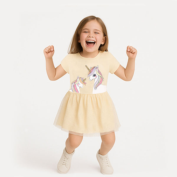 Yellow Girls Unicorn Embraided Fancy Frock With Glitter Net