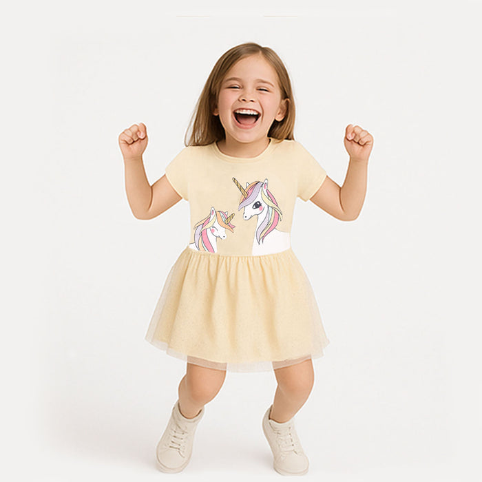 Yellow Girls Unicorn Embraided Fancy Frock With Glitter Net