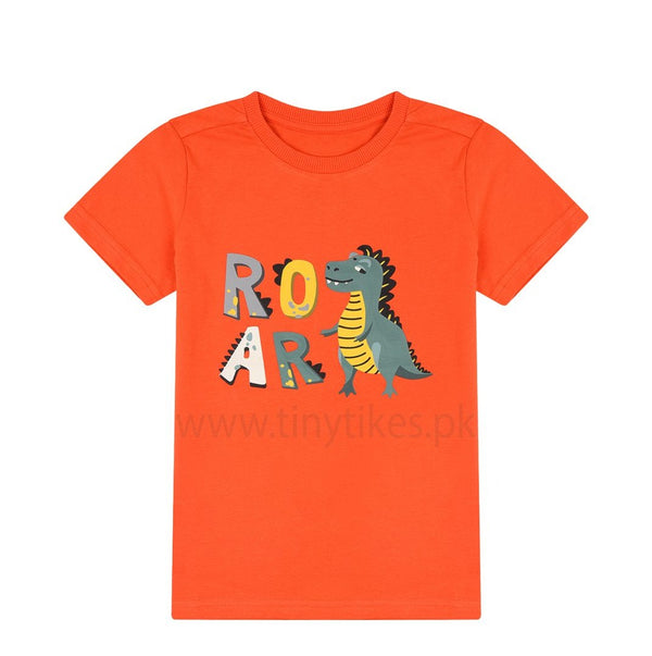 MC Short Sleeves Organic Cotton Jersey Orange T-Shirt With Roar Animal Print - TinyTikes.pk