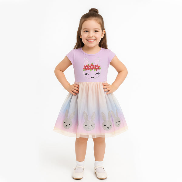 Girl Purple Color Glitter Rabbit Fancy Frock