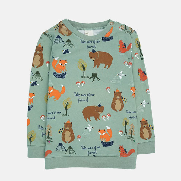 HM Boy Green Sweat Shirt Take Care Of Our Forrest Text  With Animals Print