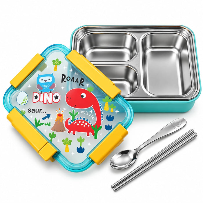 KIDS Dino Printed Stainless Steel Lunch Box-3 Food Compartments