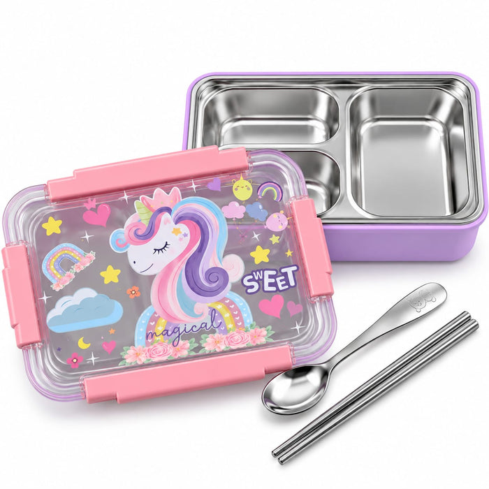 KIDS Unicorn Printed Stainless Steel Lunch Box-3 Food Compartments