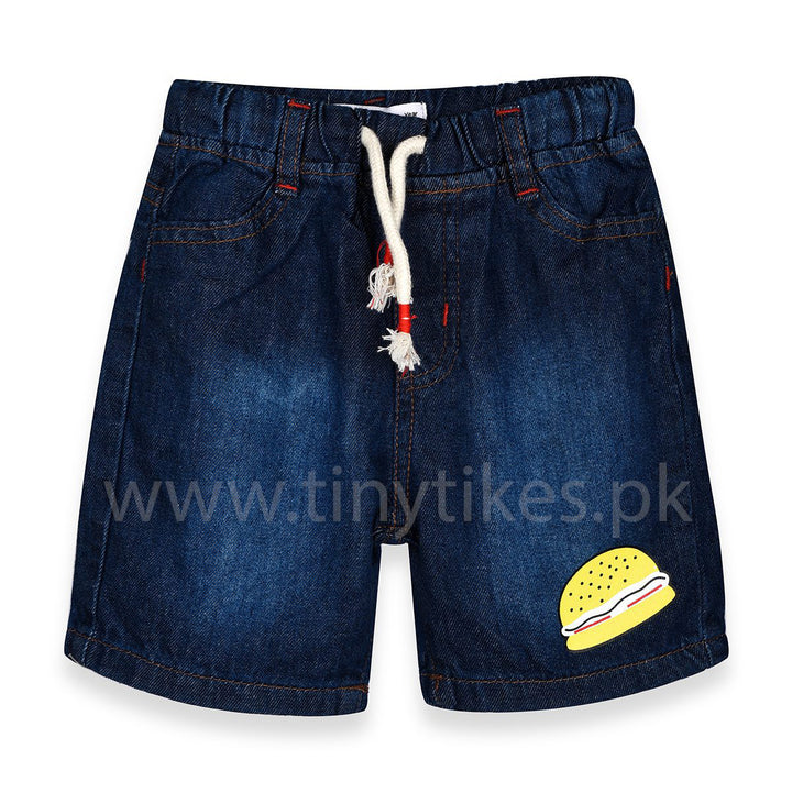 ZR Boys Dark Denim Blue Short With Burger Print - TinyTikes.pk