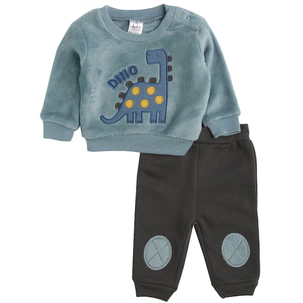Boy Sea Green Dino Embroidery Fleece Sweat-Shirt With Grey Inner Fleece Trouser