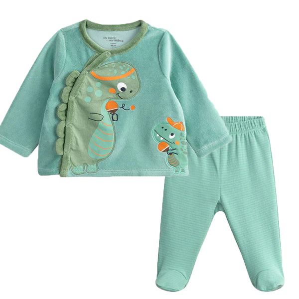 Boy Sea Green Embroidery Dino With Lining Pajama Two Piece Set