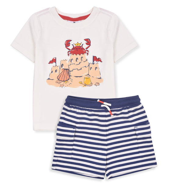 TOM BAHA Boy Off-white Sand Castle And Crab Printed T-shirt With Blue Lining Short