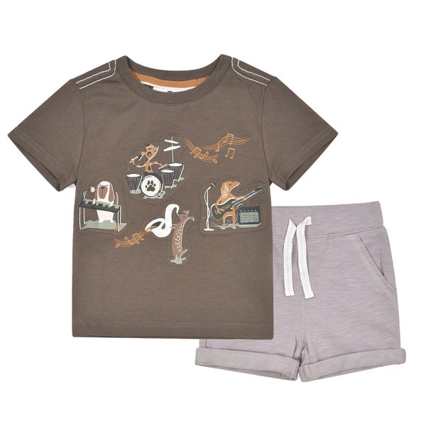 TOM BAHA Boy Brown T-shirt Music Printed With Grey Short