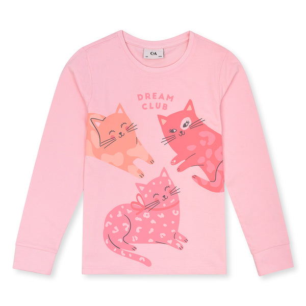 CA Girl Baby Pink Cat Printed Full Sleeves Shirt