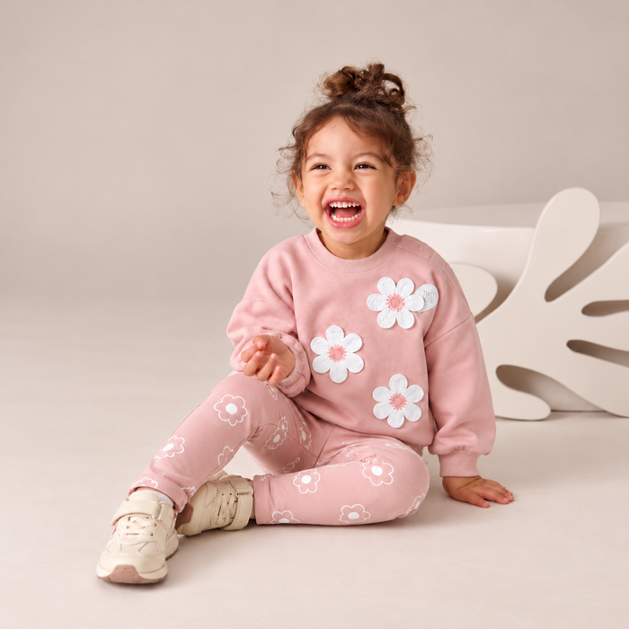 Girl Pink White Flower Patch Inner Fleece Sweat Shirt & Printed Leggy Two Piece Set