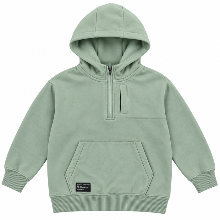 MS Boy Sage Green Half Zipper Pullover Horizontal Pocket Hoodie