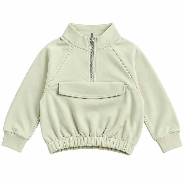 Girl Light Green Zipper Front Pocket Baggy Sweat-shirt