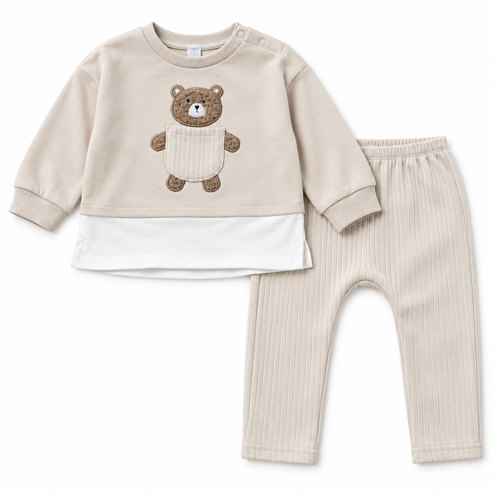 Boy Cream Front Bear Embroidery Pocket Inner Fleece Two Piece Set