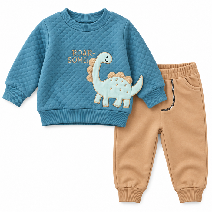 Boy Zinc Dino Embroidery Inner Fleece Sweat Shirt with Brown Trouser Two Piece Set