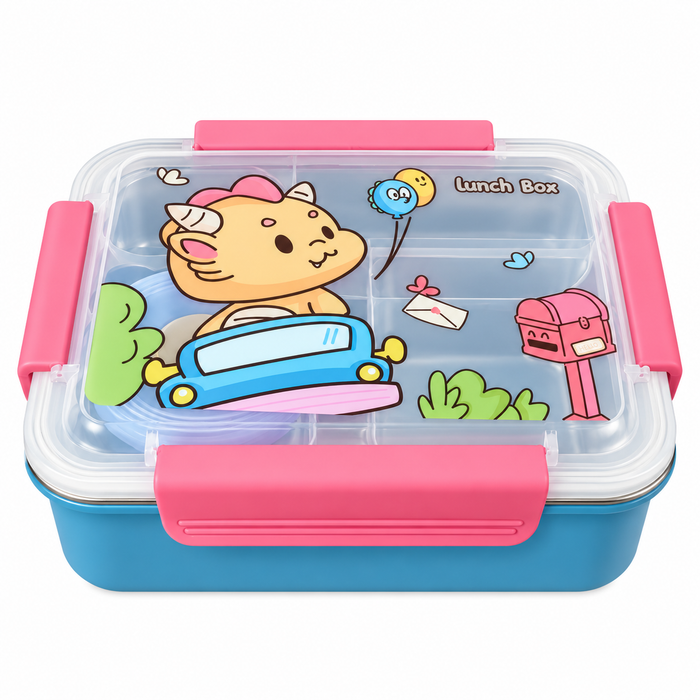 KIDS Cute Cartoon Printed Stainless Steel Lunch Box-3 Food Compartments