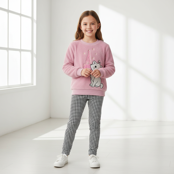 DSN Girl T-Pink Cat Embroidery With Black White Tights Two Piece Set