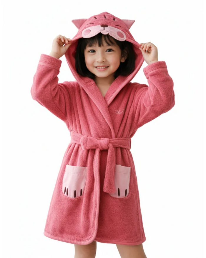 Cat Dark Pink Hooded For Kids Bathrobe