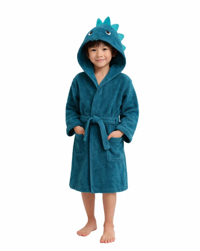 Dark Blue Dinosuar Kids Hooded Bathrobe
