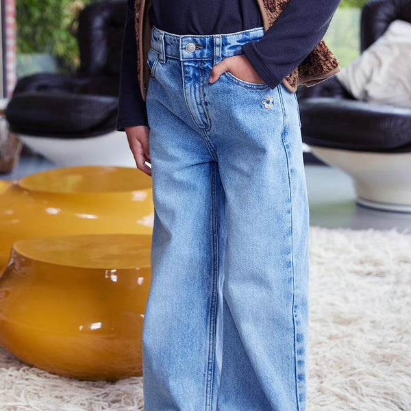 VBD Girl Denim Sky Blue Plazzo Flower Embroidery On Pocket