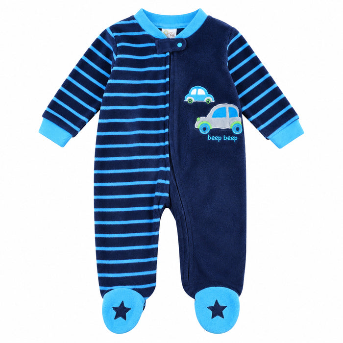 RE RFE Boy Navy Blue Stripe Car Applique Beep Beep Embroidery Zipper Romper